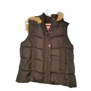 ARIZONA JEANS CO Women Puffer Vest Jacket Brown Faux Fur Hooded Large EUC